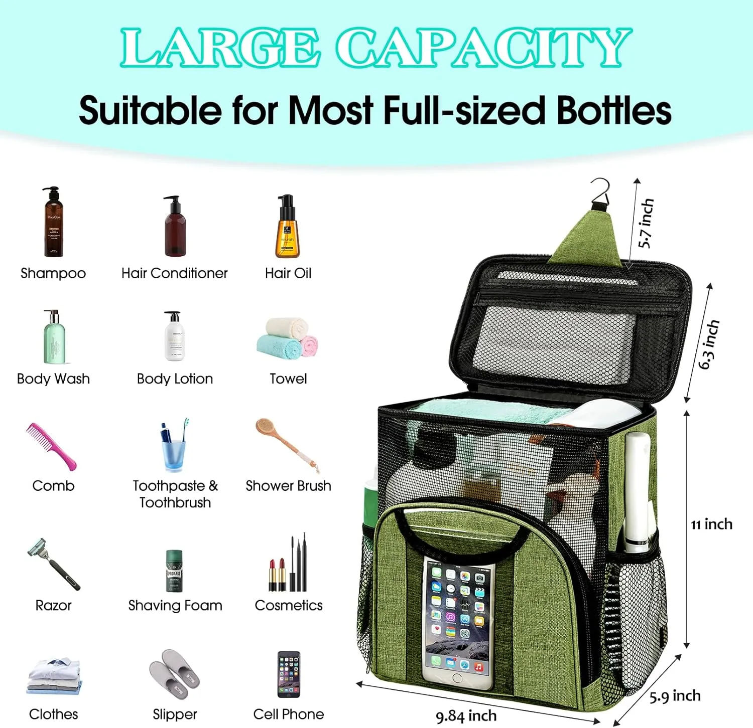 Attmu Portable Shower Caddy College Tote Bag, Quick Dry Hanging Toiletry Bag, Large Capacity Mesh Shower Caddy Portable for College Dorm Room Essentials for Boys and Girls for Bath Camping (Green)