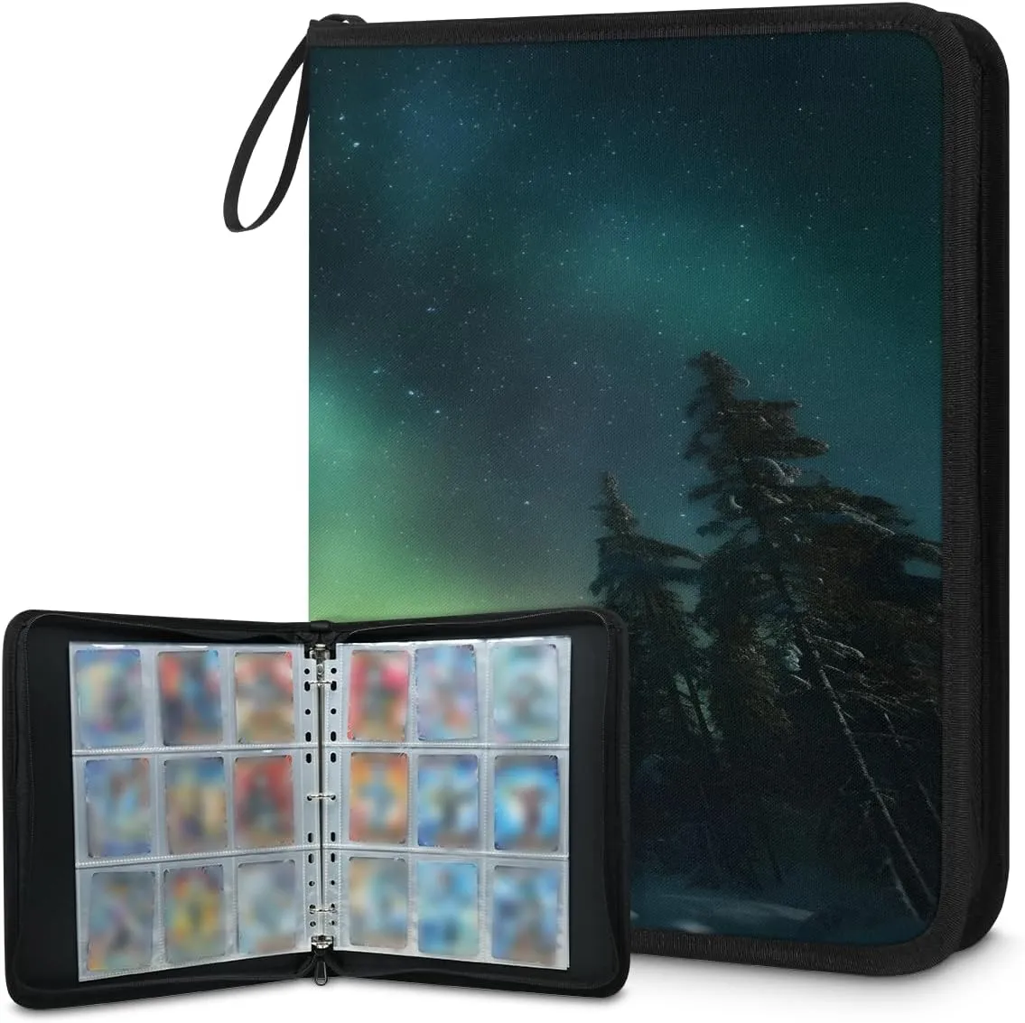 Aurora Forest 3 Ring Trading Zipper Binder Strap, Trading Card Binder 4 Pocket, 400 Pockets Card Holder with 50 Removable Sleeves for Game Cards
