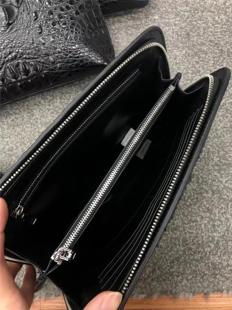 Authentic Alligator Skin Men's Plain Black Wristlets Pouch Bag Genuine Crocodile Leather Male Card Holders Shell Clutch Purse