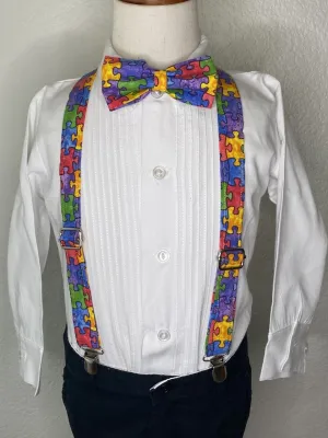 Autism Awareness bow tie and suspenders or Hair Bow Headband Barrette