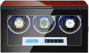 Automatic Watch Winder 3 Watch Winder Box Piano Finish LCD Touch Display Screen Adjustable Watch Pillows LED Illumination (A)