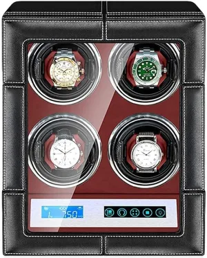 Automatic Watch Winder 4 LCD Touch Display Screen LED Backlight Adjustable Watch Pillows Black Leather Exterior Quiet Motor