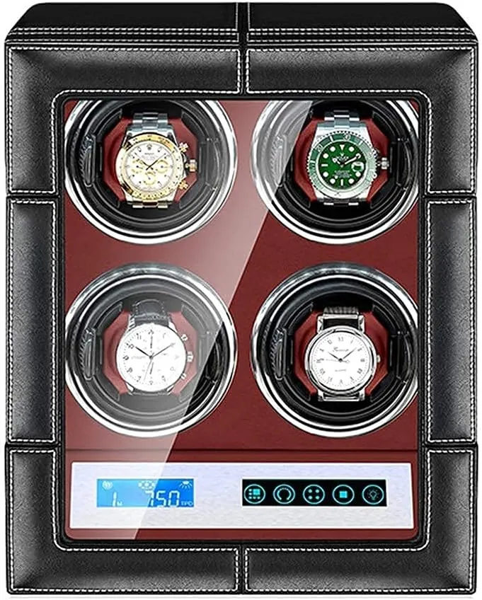 Automatic Watch Winder 4 LCD Touch Display Screen LED Backlight Adjustable Watch Pillows Black Leather Exterior Quiet Motor