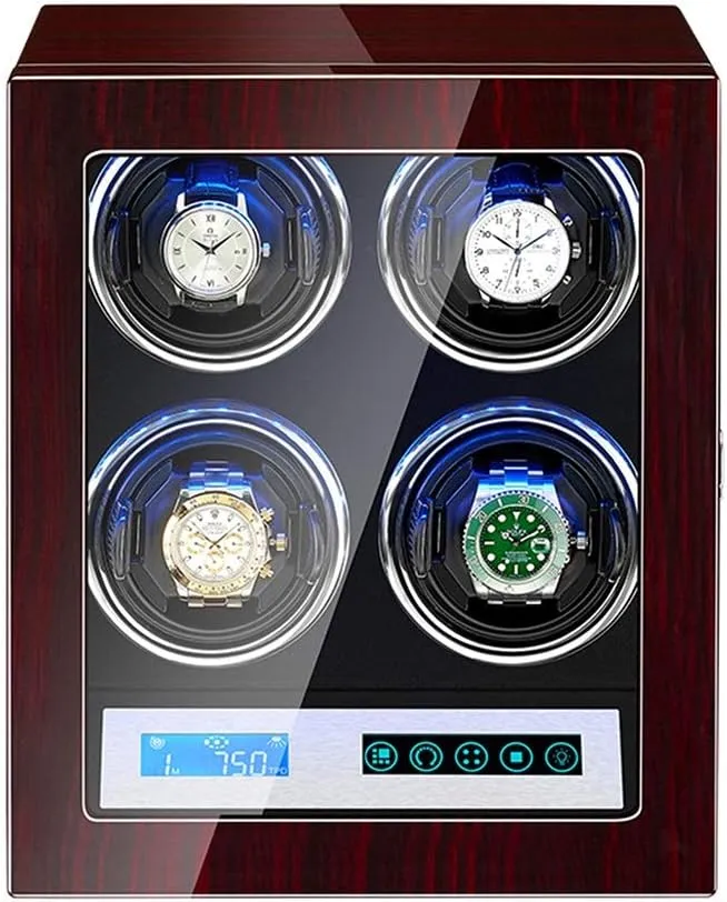 Automatic Watch Winder 4 with LCD Control Screen LED Light Flexible Watch Pillows 15 Rotation Mode Quiet Motor Watch Winder Watch Box Storage Best Gift