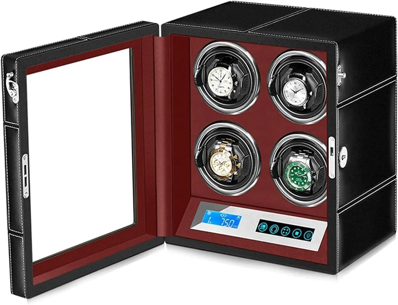 Automatic Watch Winder Box LCD Touch Screen Adjustable Watch Pillows Leather Exterior Quiet Motor Built-in LED Illumination