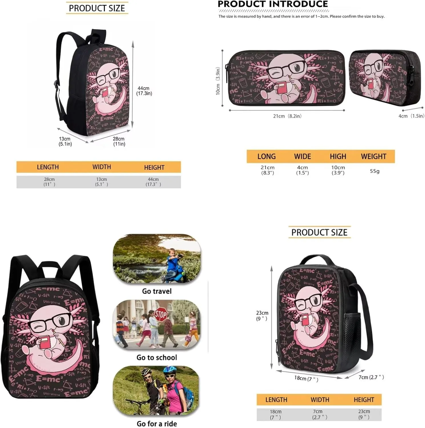 Axolotl 3 in 1 School BLunch Bag Pencil Bag Print Backpacks for Boys Girls Soft Padded Back School Bookbag Kids Student Campus Travel