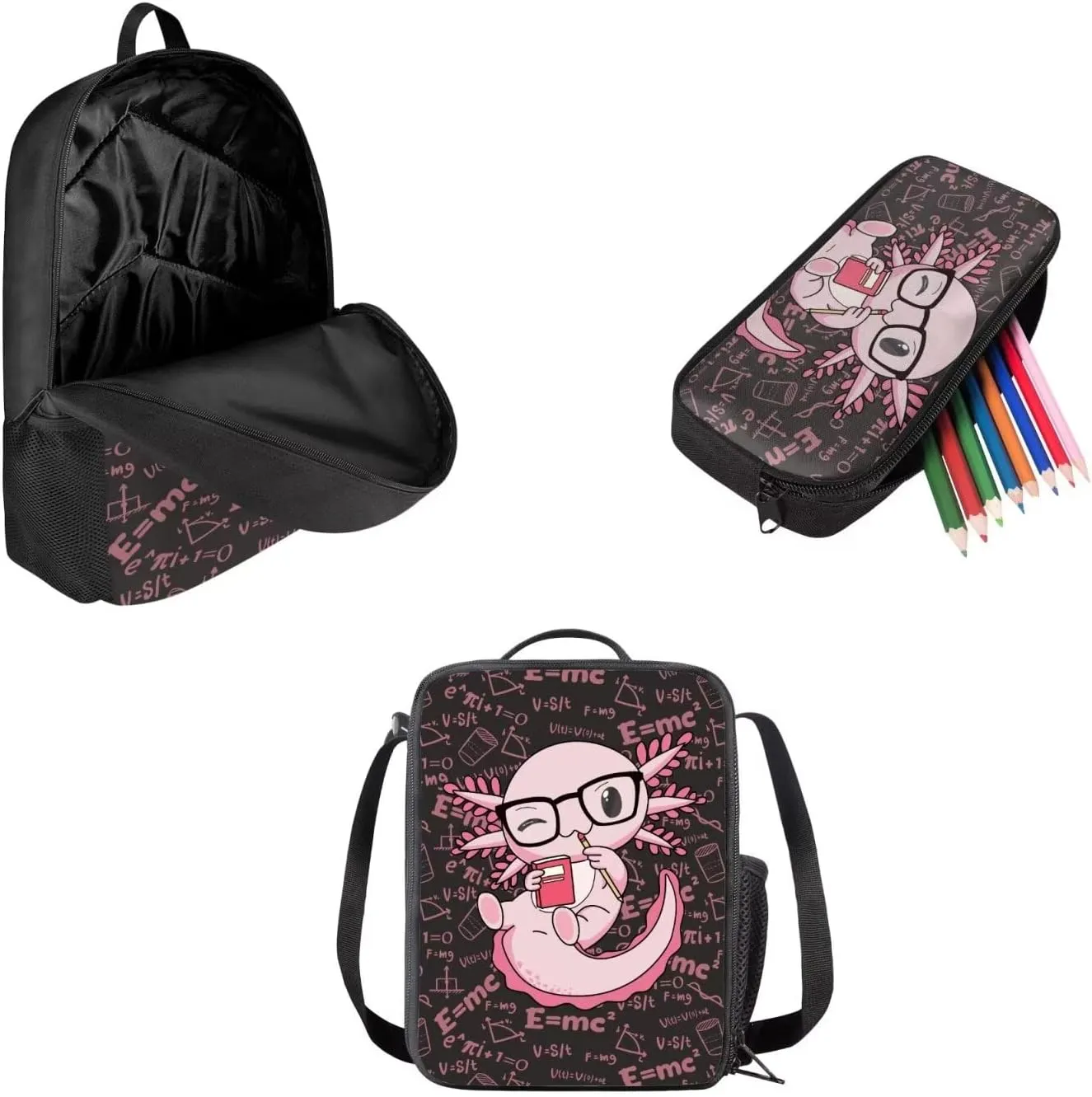 Axolotl 3 in 1 School BLunch Bag Pencil Bag Print Backpacks for Boys Girls Soft Padded Back School Bookbag Kids Student Campus Travel