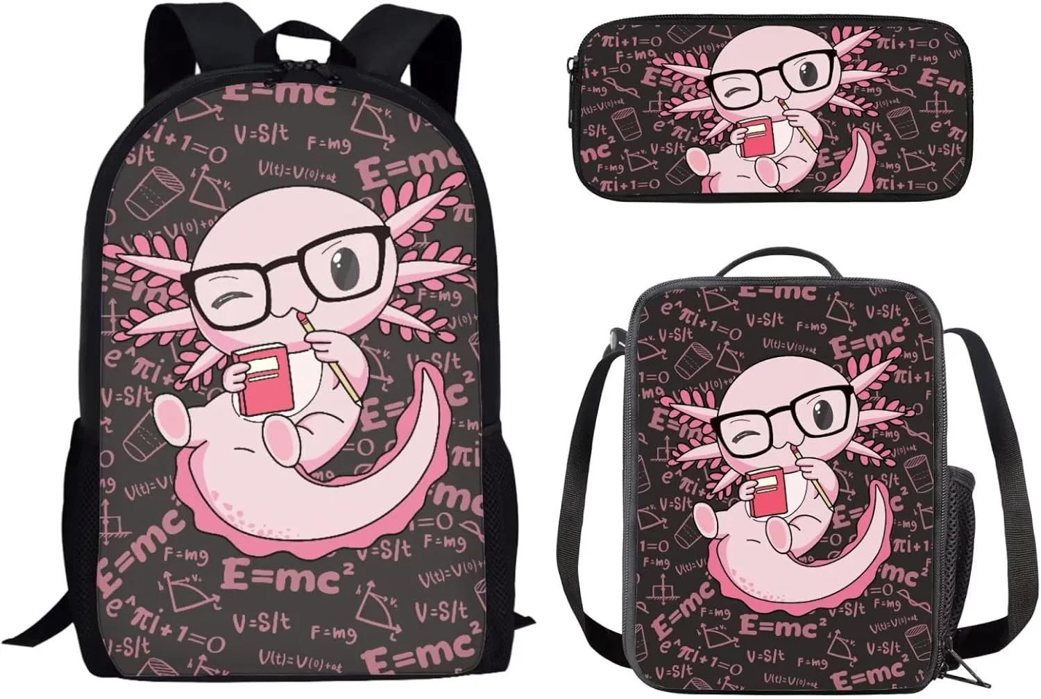 Axolotl 3 in 1 School BLunch Bag Pencil Bag Print Backpacks for Boys Girls Soft Padded Back School Bookbag Kids Student Campus Travel