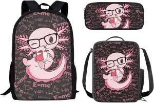 Axolotl 3 in 1 School BLunch Bag Pencil Bag Print Backpacks for Boys Girls Soft Padded Back School Bookbag Kids Student Campus Travel