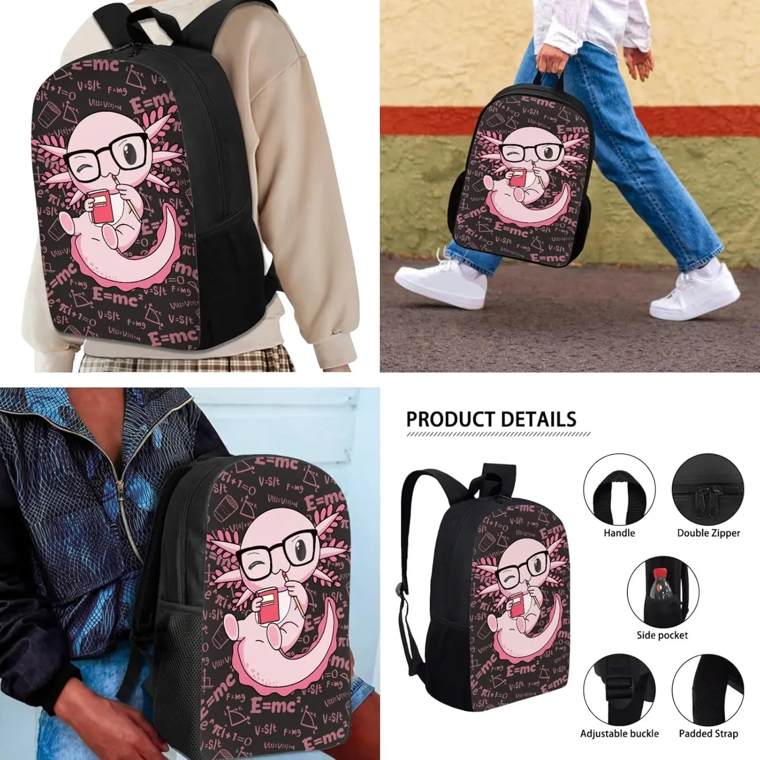Axolotl 3 in 1 School BLunch Bag Pencil Bag Print Backpacks for Boys Girls Soft Padded Back School Bookbag Kids Student Campus Travel