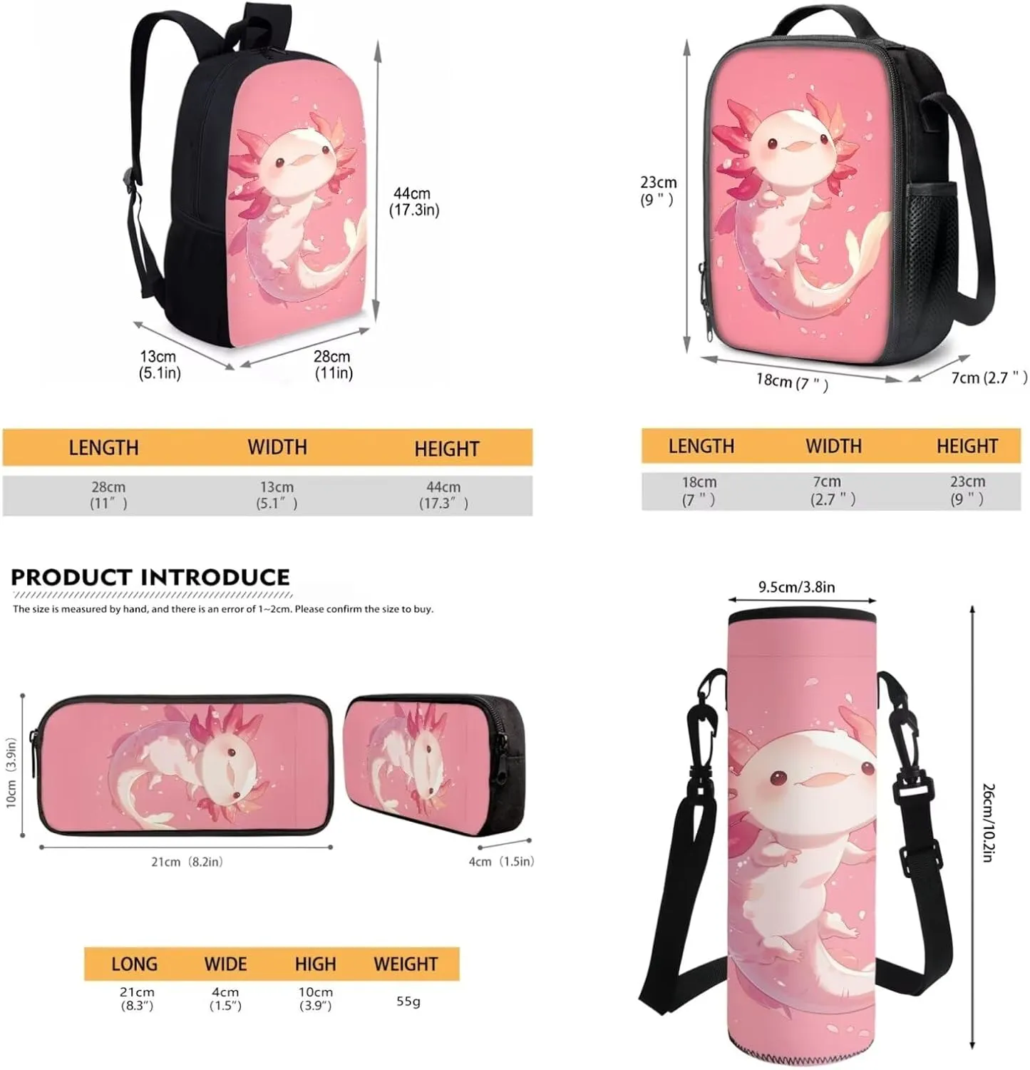 Axolotl Backpack Girls School Bag Cute Children Backpack with Lunch Bag and Pencil Case for Boys Girls 4 Piece Rucksack Backpack Set for Student Black Backpacks for School