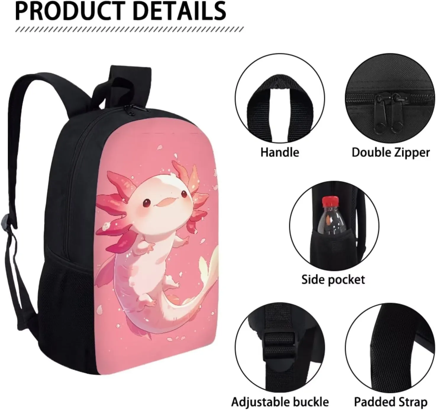 Axolotl Backpack Girls School Bag Cute Children Backpack with Lunch Bag and Pencil Case for Boys Girls 4 Piece Rucksack Backpack Set for Student Black Backpacks for School
