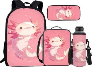 Axolotl Backpack Girls School Bag Cute Children Backpack with Lunch Bag and Pencil Case for Boys Girls 4 Piece Rucksack Backpack Set for Student Black Backpacks for School