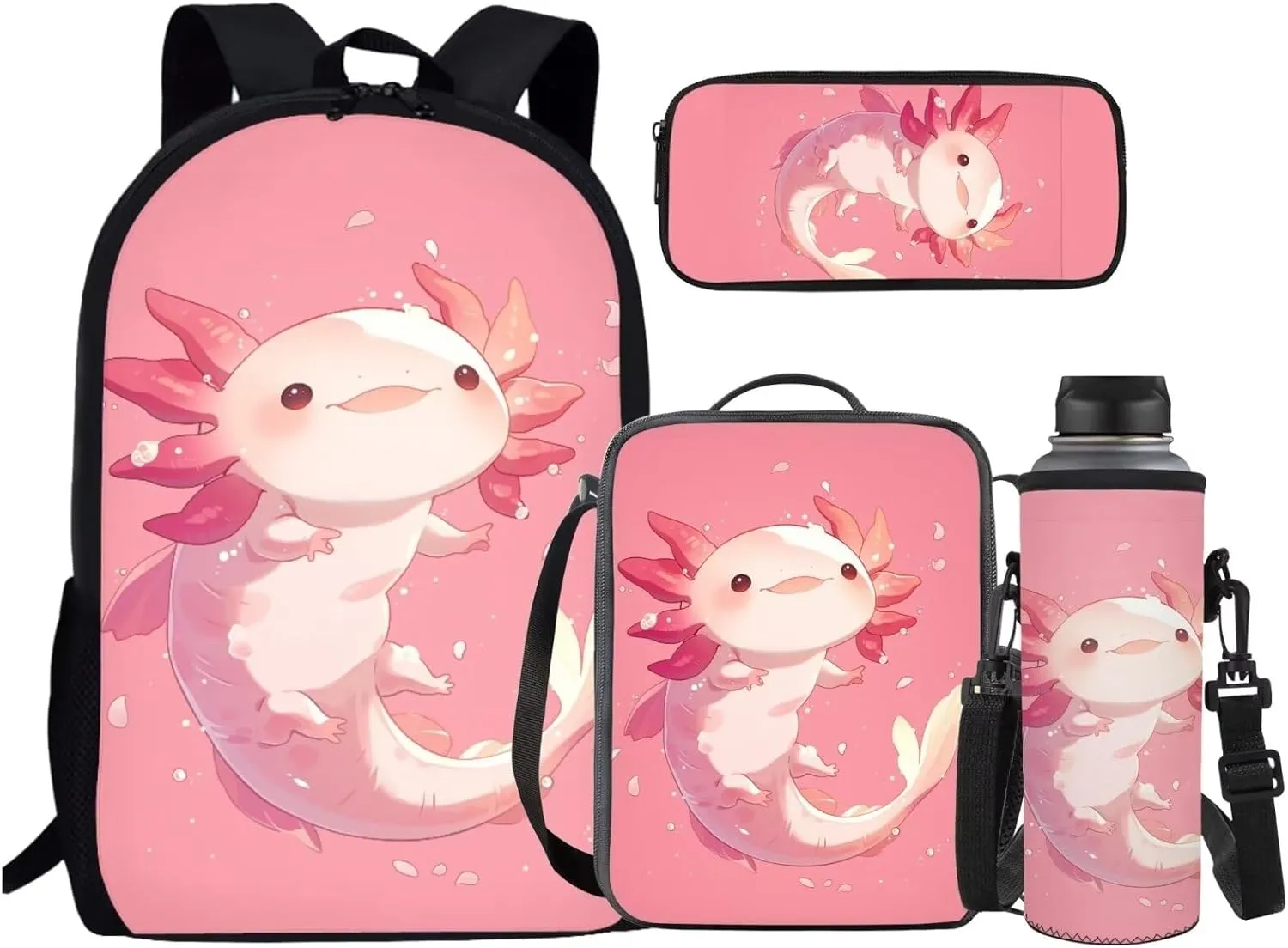 Axolotl Backpack Girls School Bag Cute Children Backpack with Lunch Bag and Pencil Case for Boys Girls 4 Piece Rucksack Backpack Set for Student Black Backpacks for School