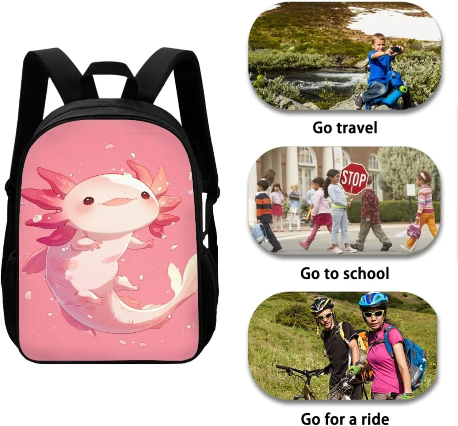 Axolotl Backpack Girls School Bag Cute Children Backpack with Lunch Bag and Pencil Case for Boys Girls 4 Piece Rucksack Backpack Set for Student Black Backpacks for School