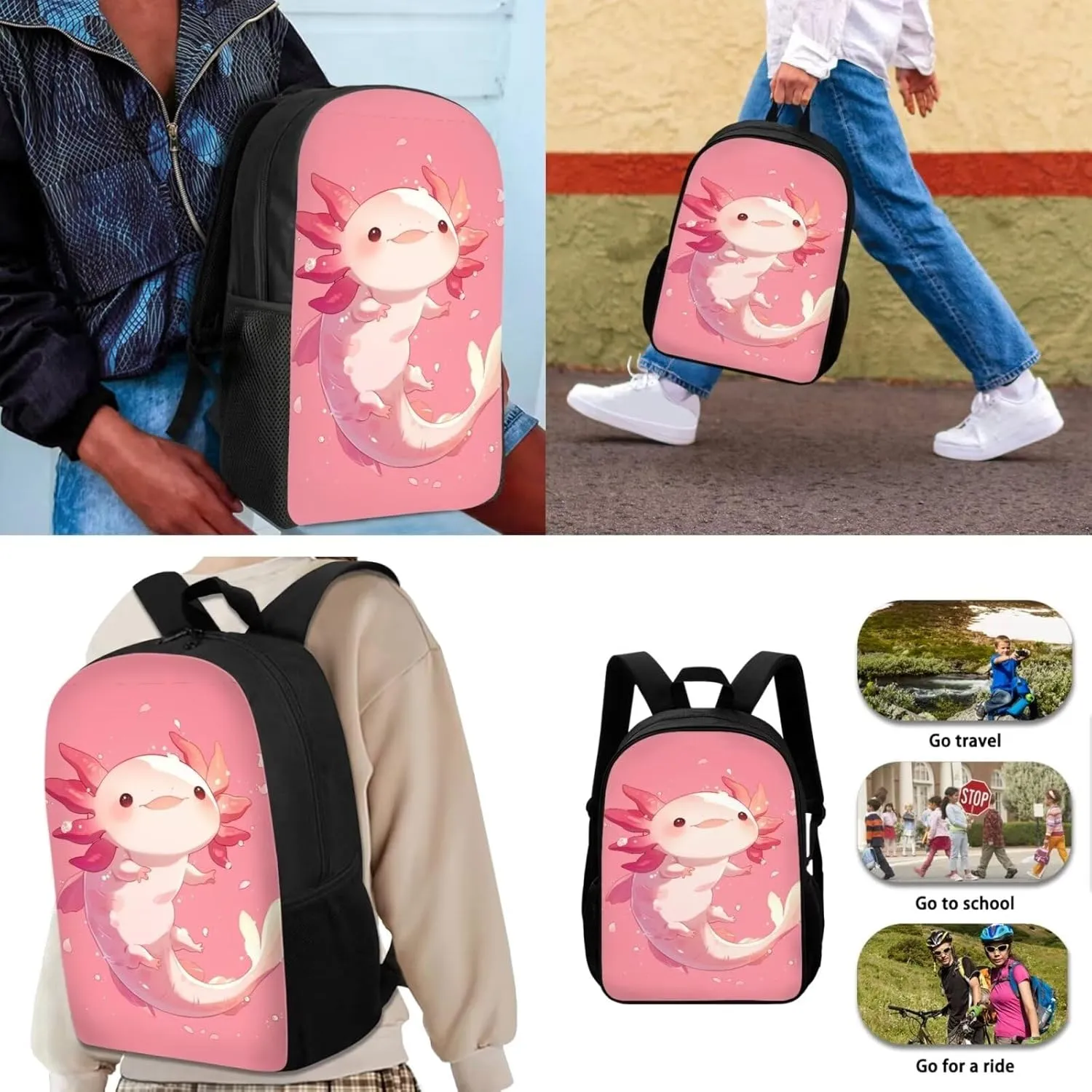 Axolotl Backpack Girls School Bag Cute Children Backpack with Lunch Bag and Pencil Case for Boys Girls 4 Piece Rucksack Backpack Set for Student Black Backpacks for School