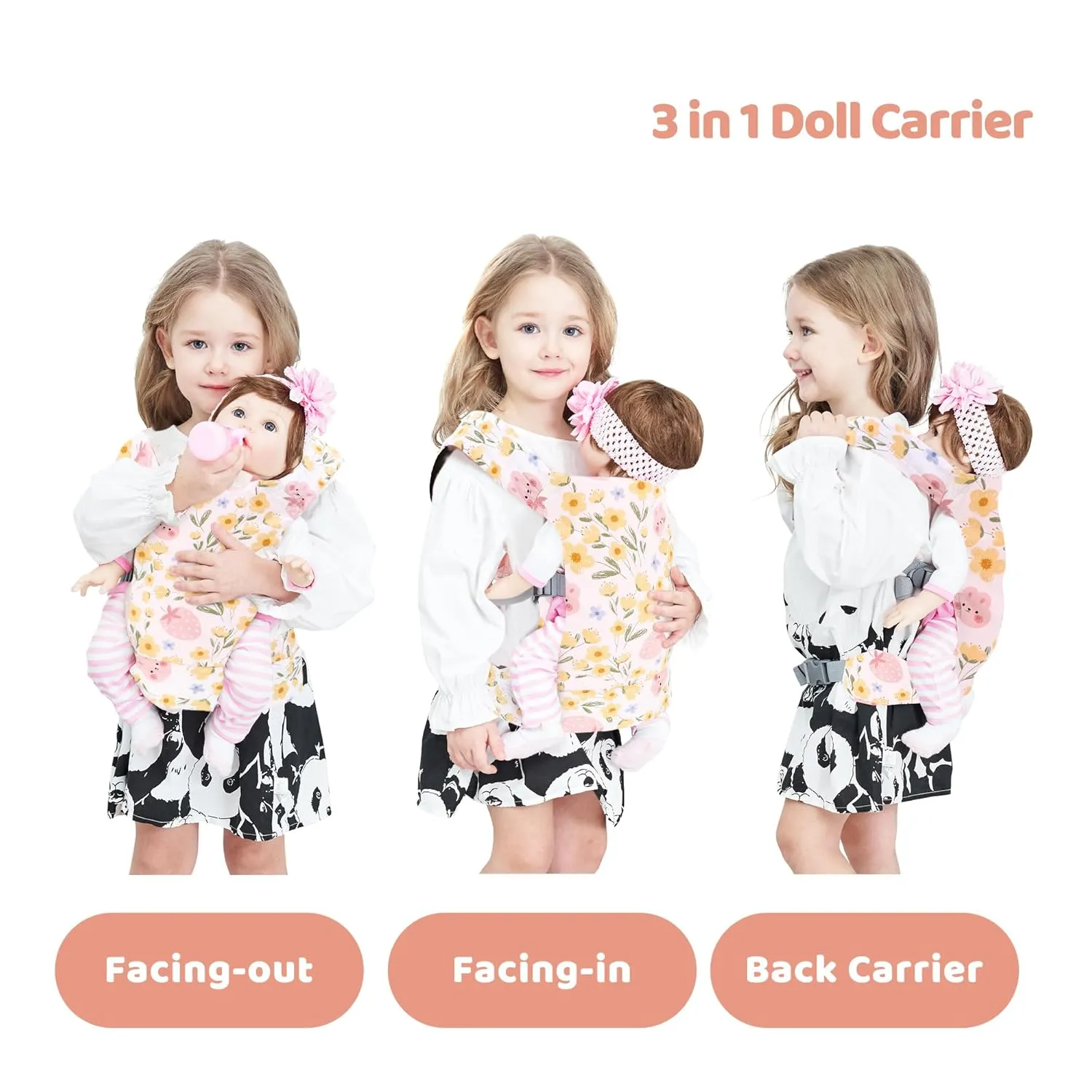 Baby Doll Carrier Front and Back Baby Doll Accessories Backpack Kid Toddlers Play Toy Baby Carriers for Babydoll Pretend with Adjustable Straps for Little Girls (Strawberry)