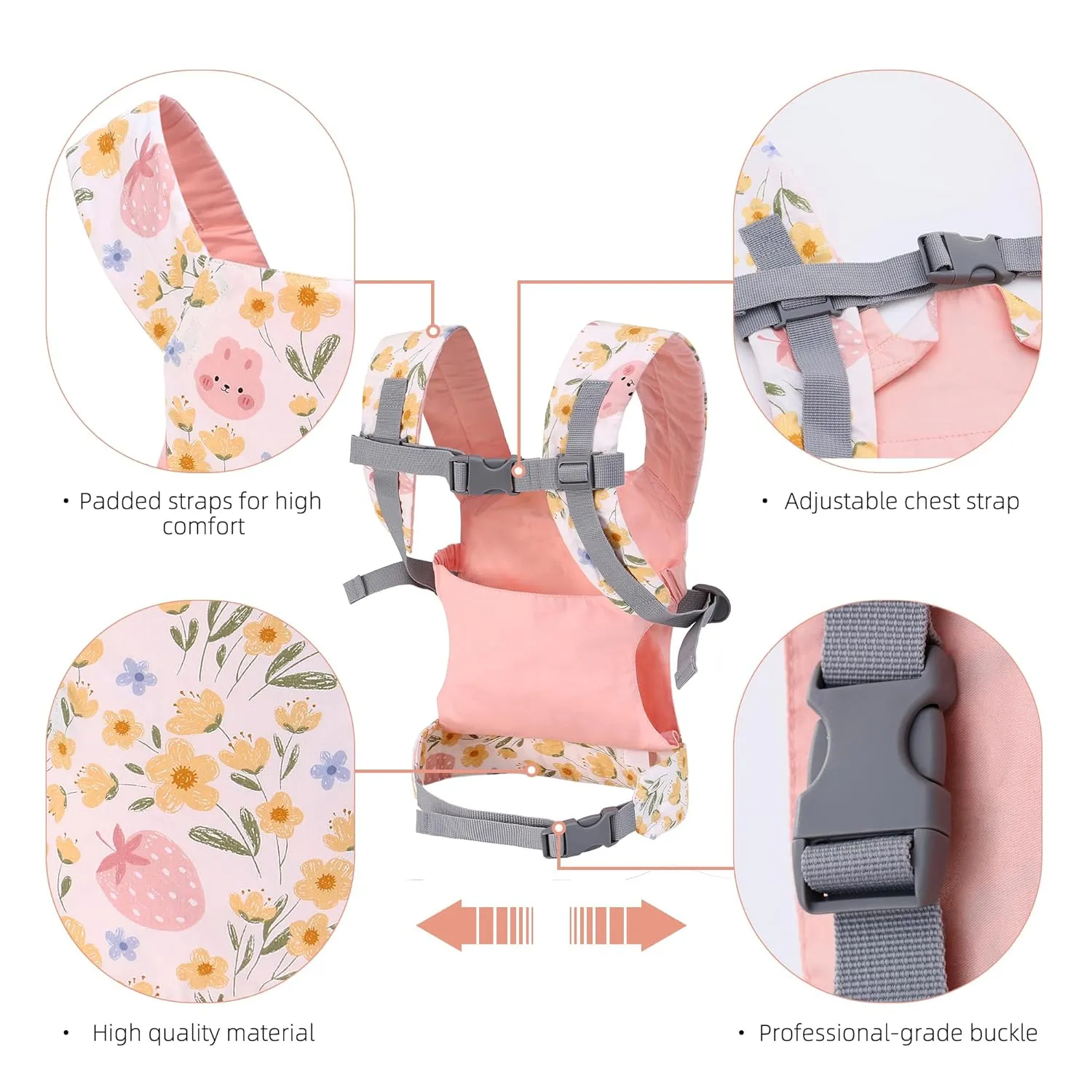 Baby Doll Carrier Front and Back Baby Doll Accessories Backpack Kid Toddlers Play Toy Baby Carriers for Babydoll Pretend with Adjustable Straps for Little Girls (Strawberry)