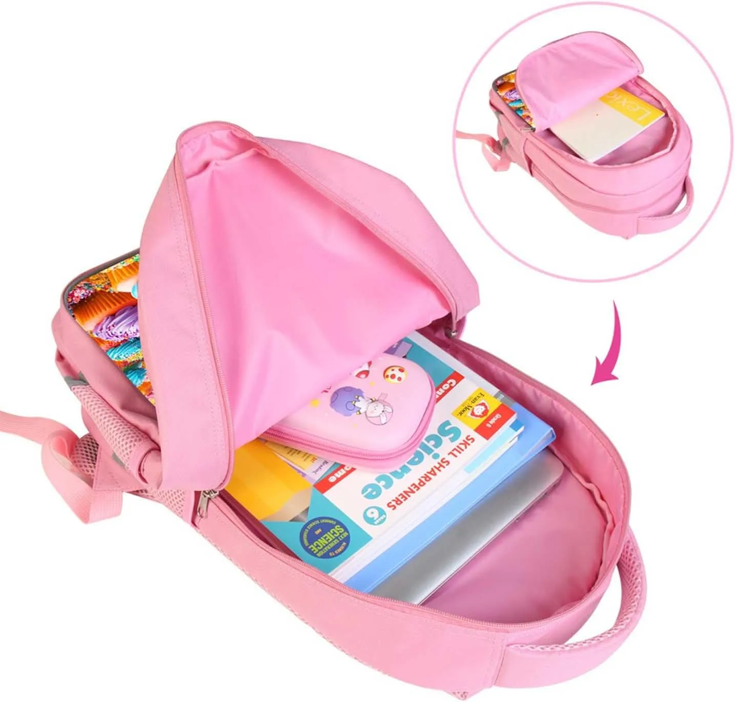 Backpack for Kids, Children Teens Back Pack for Elementary Primary, Rainbow Cupcake School Bag, Girls Pink Bookbag for School and Travel, Sweet Treat Backpack