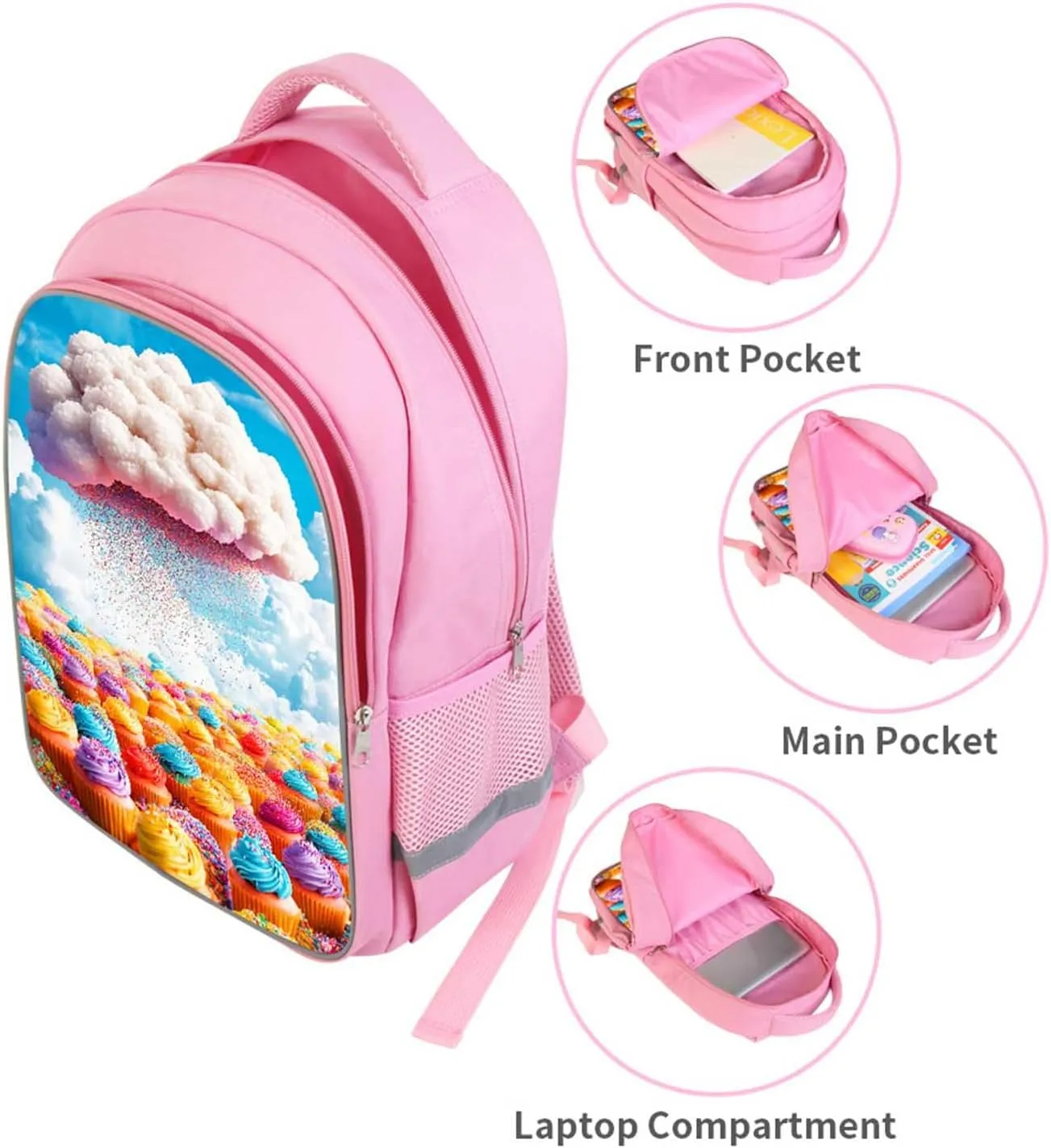 Backpack for Kids, Children Teens Back Pack for Elementary Primary, Rainbow Cupcake School Bag, Girls Pink Bookbag for School and Travel, Sweet Treat Backpack