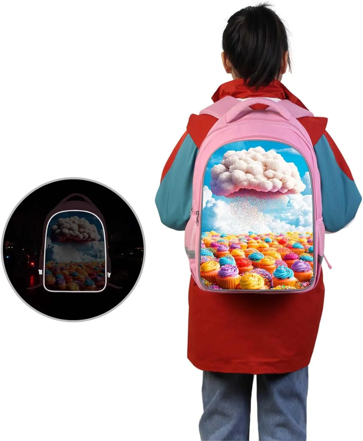 Backpack for Kids, Children Teens Back Pack for Elementary Primary, Rainbow Cupcake School Bag, Girls Pink Bookbag for School and Travel, Sweet Treat Backpack