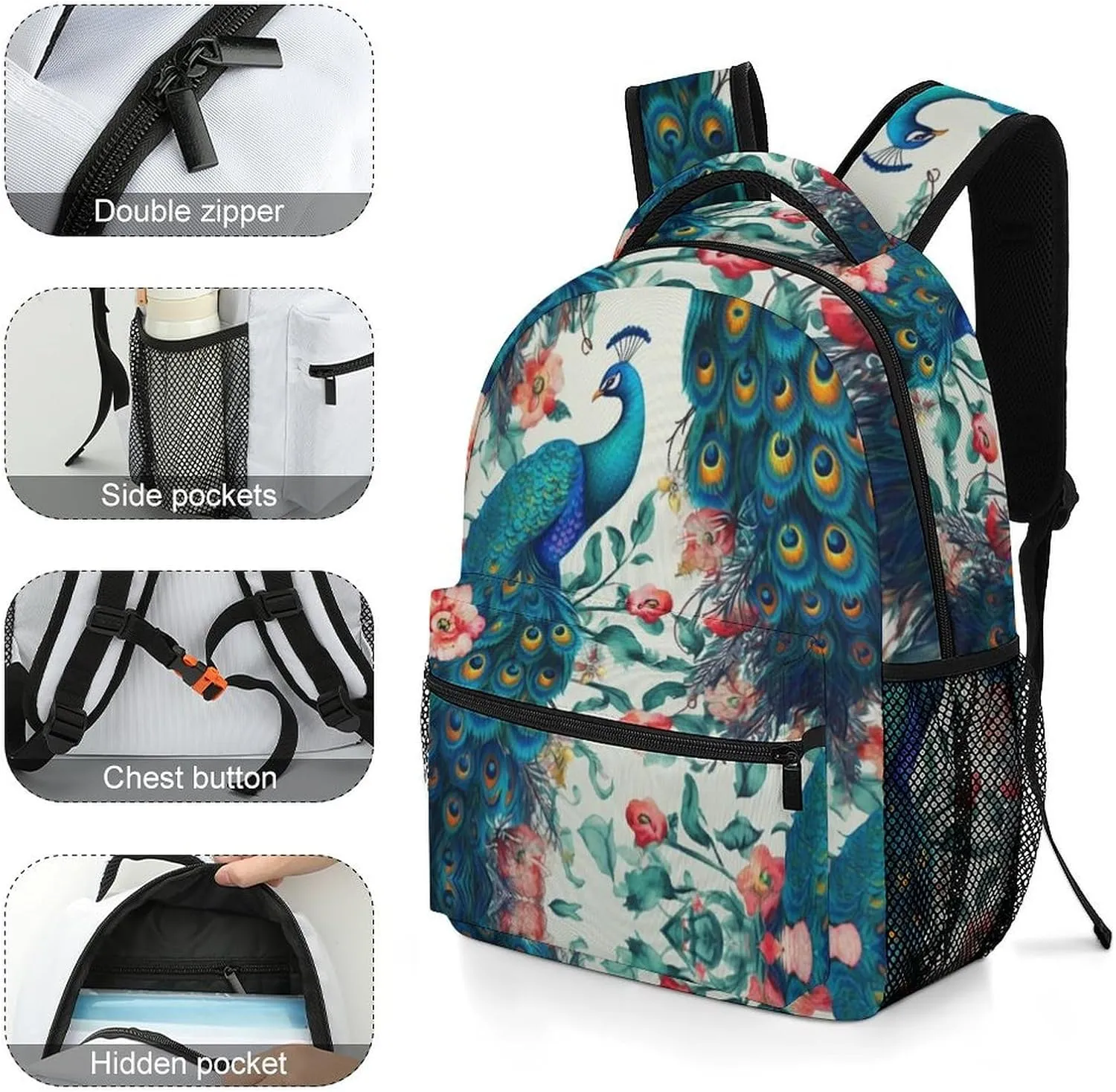 Backpacks Beautiful Peacock Flowers Travel Bag Laptop Backpack Casual Daypack for Weekender Business Hiking