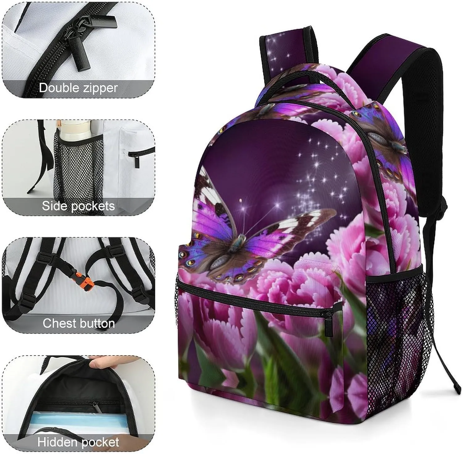 Backpacks Purple Flower Butterfly Travel Bag Laptop Backpack Casual Daypack for Weekender Business Hiking