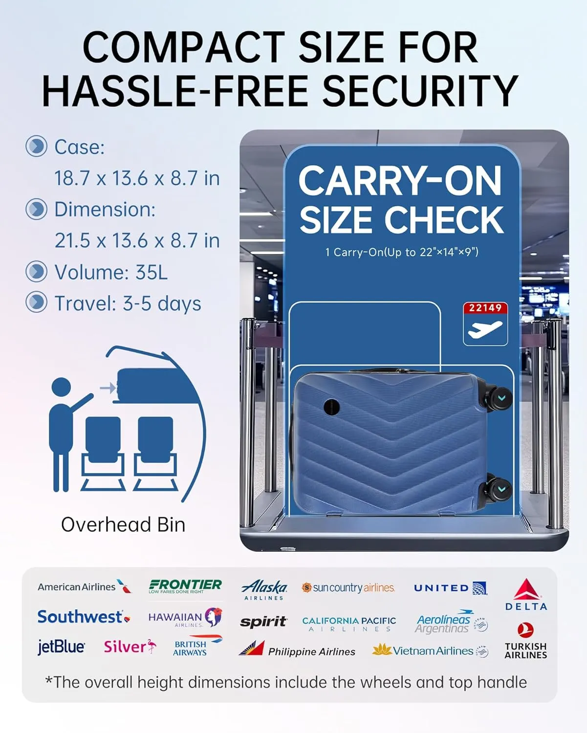 BAGSMART Carry On Luggage 22x14x9 Airline Approved,PC Hardside Suitcase,20 Inch Luggage with Spinner Wheels, Lightweight Travel Suitcases for Men Women,Navy Blue