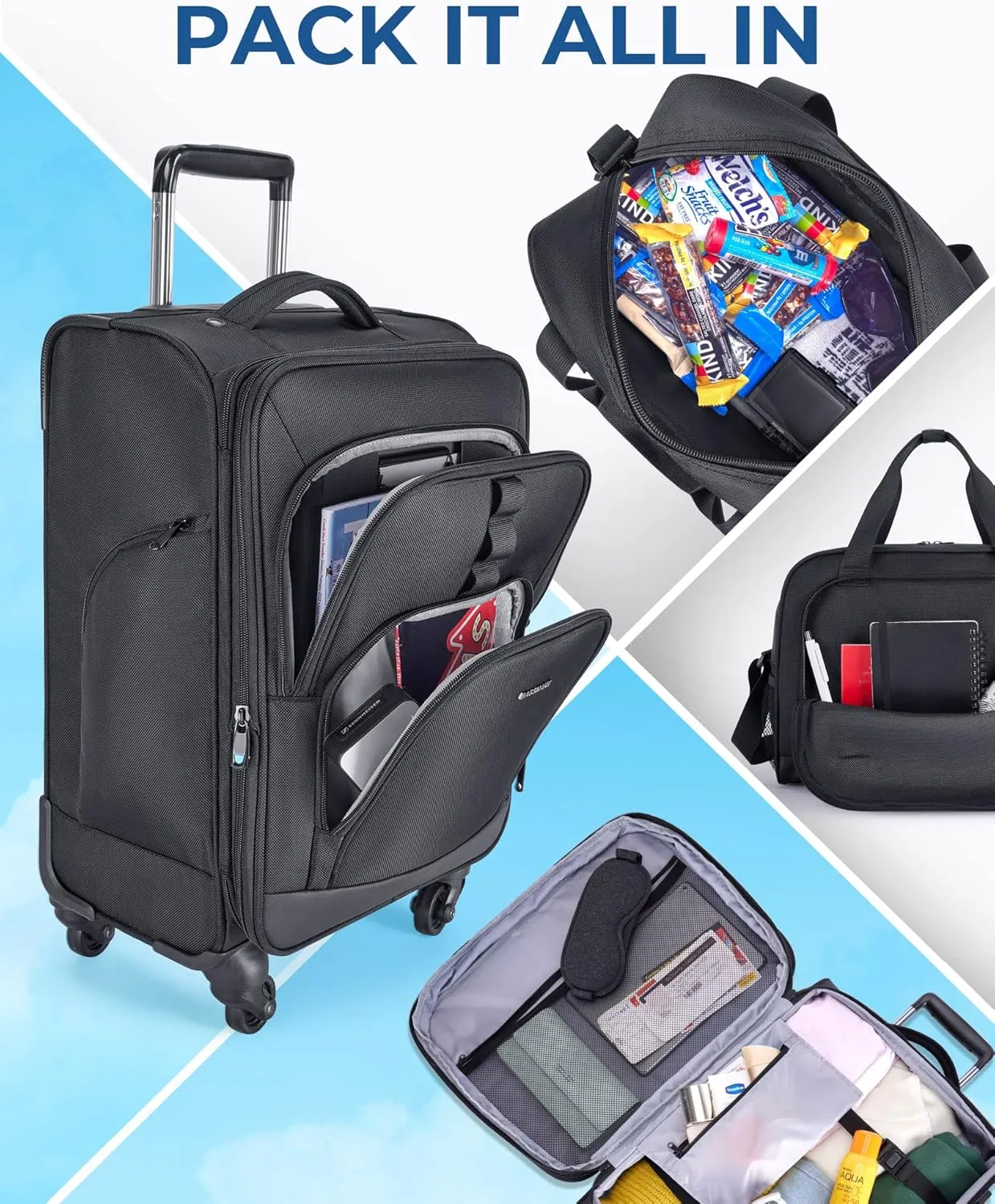 BAGSMART Expandable 20 inch Carry on Luggage Airline Approved, Lightweight Carry on Suitcase with Spinner Wheels, Family Travel Suitcase Set with Duffle Bag-Black