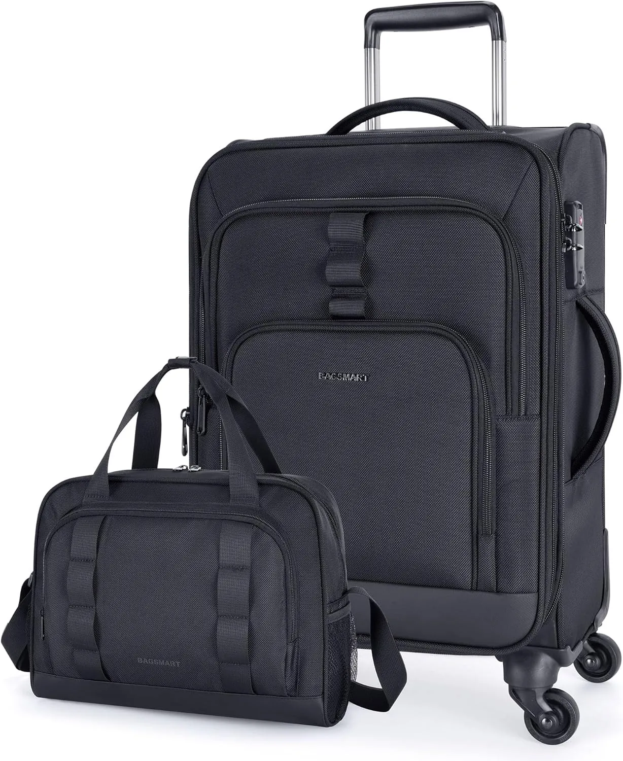 BAGSMART Expandable 20 inch Carry on Luggage Airline Approved, Lightweight Carry on Suitcase with Spinner Wheels, Family Travel Suitcase Set with Duffle Bag-Black