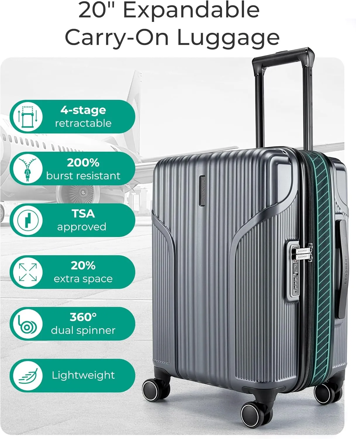 BAGSMART Expandable Carry On Luggage 22x14x9 Airline Approved, Carry-On Suitcase with Spinner Wheels, Hardside Polycarbonate Rolling Travel Luggage with TSA Lock 20-Inch, Grey