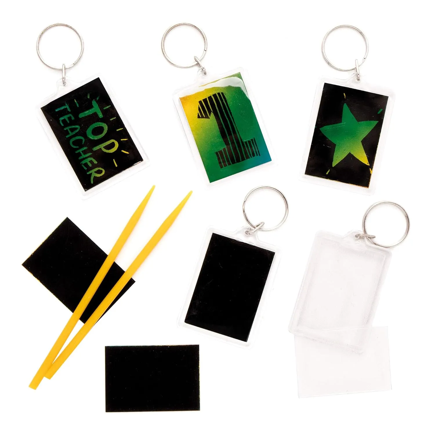 Baker Ross - EK5286 Rainbow Scratch Art Keyrings, Colour Wonder for Kids to Design & Decorate (Pack of 6), 50mm x 40mm, Assorted