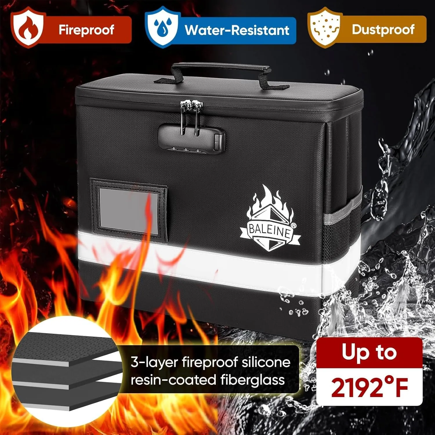 BALEINE Fireproof Document Box with Lock, Portable Fireproof Document Bag Waterproof Fire Proof File Boxes for Documents, File Organizer Box for Important Paperwork (Black, 12.5''x10.5''x6'') ﻿