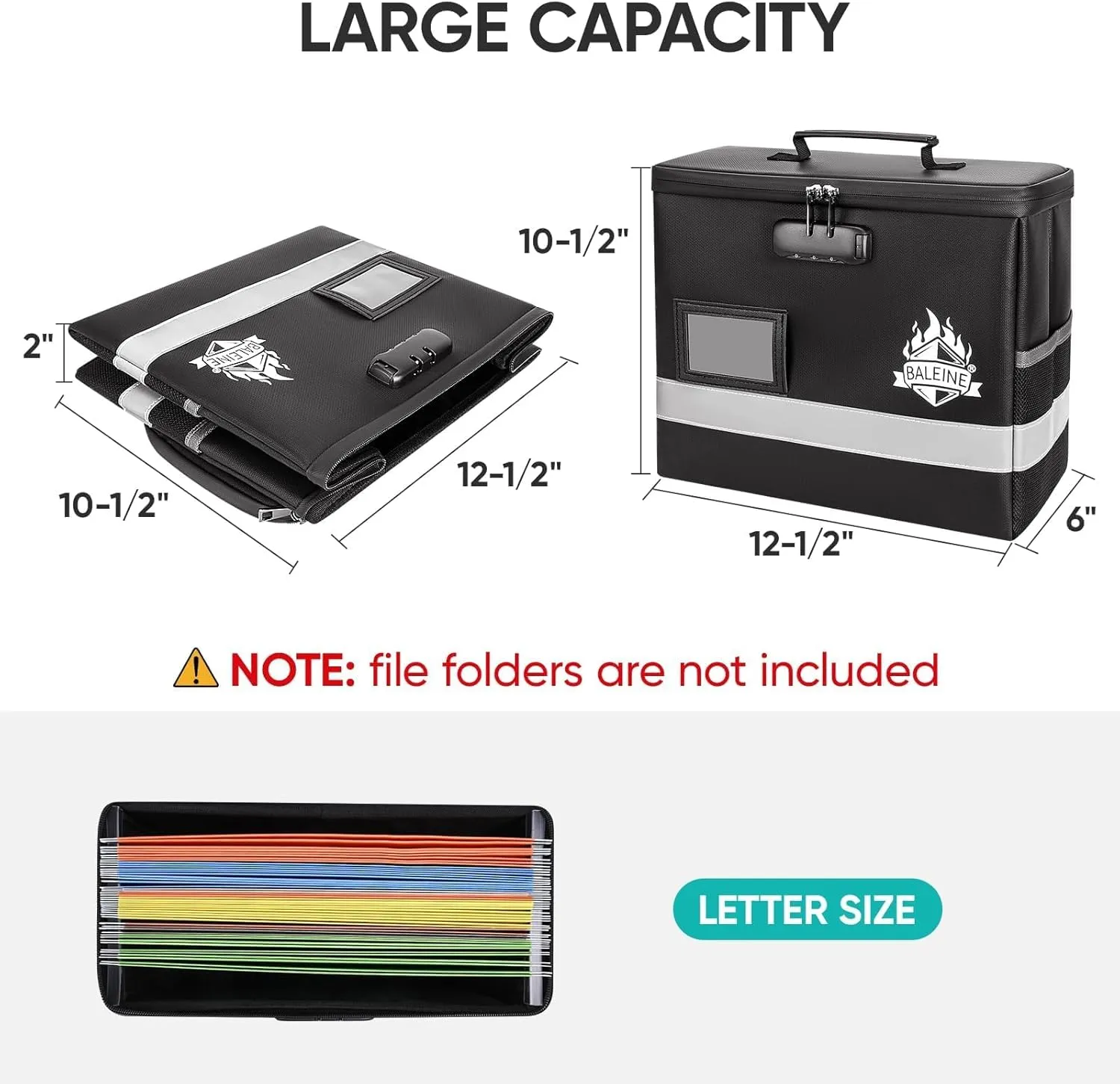 BALEINE Fireproof Document Box with Lock, Portable Fireproof Document Bag Waterproof Fire Proof File Boxes for Documents, File Organizer Box for Important Paperwork (Black, 12.5''x10.5''x6'') ﻿