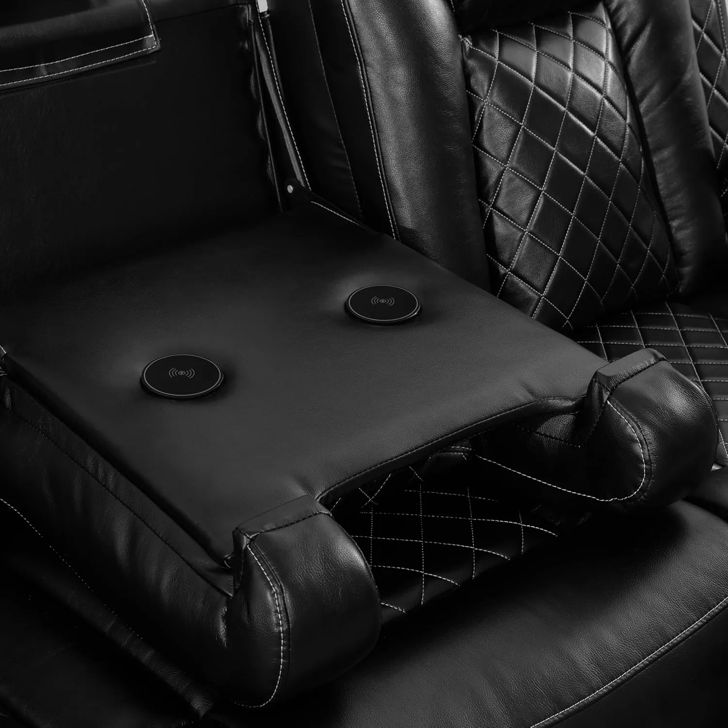 Ball & Cast Power Recliner Sofa Sectional Couch,Breathing Leather Living Room Reclining w/Wireless Chargers and LED Lighting,Home Theater 3 Seat Couches with Reversible Coffe Table & Metal Leg,Black