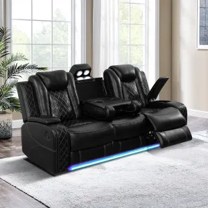 Ball & Cast Power Recliner Sofa Sectional Couch,Breathing Leather Living Room Reclining w/Wireless Chargers and LED Lighting,Home Theater 3 Seat Couches with Reversible Coffe Table & Metal Leg,Black