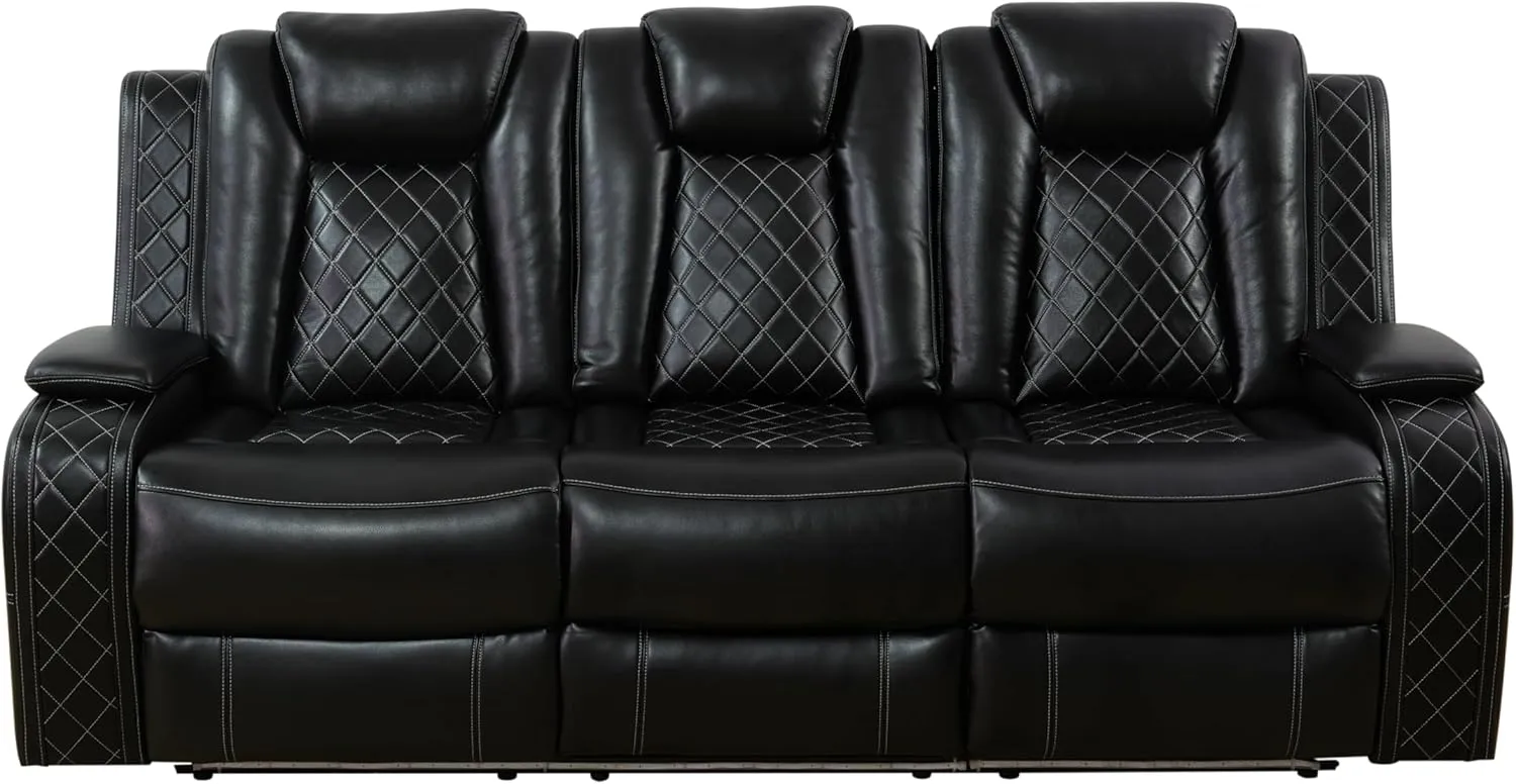 Ball & Cast Power Recliner Sofa Sectional Couch,Breathing Leather Living Room Reclining w/Wireless Chargers and LED Lighting,Home Theater 3 Seat Couches with Reversible Coffe Table & Metal Leg,Black