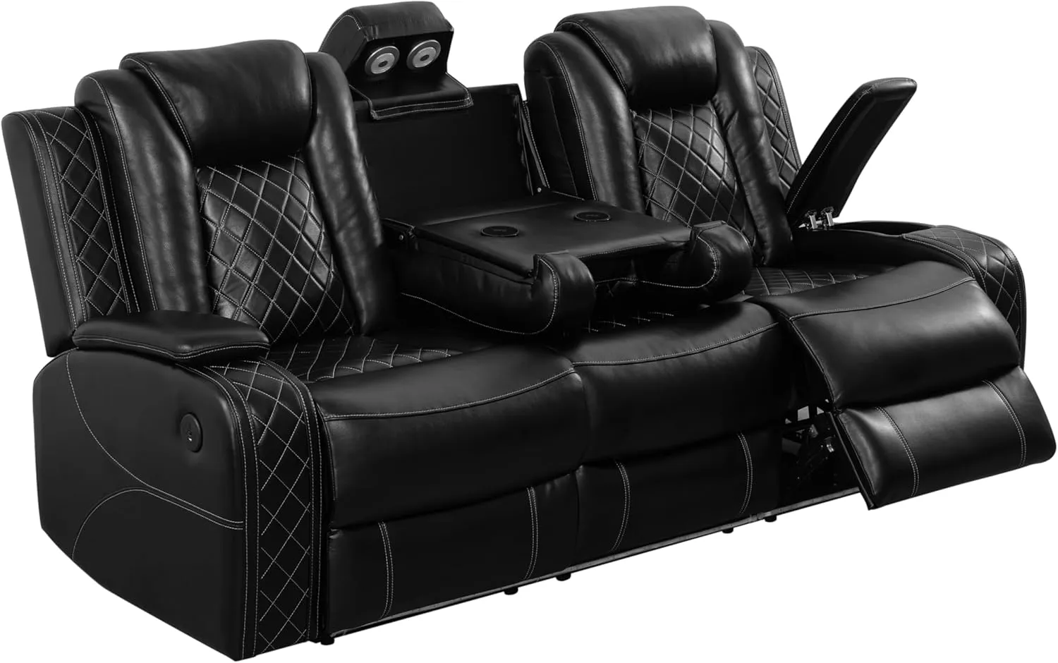 Ball & Cast Power Recliner Sofa Sectional Couch,Breathing Leather Living Room Reclining w/Wireless Chargers and LED Lighting,Home Theater 3 Seat Couches with Reversible Coffe Table & Metal Leg,Black