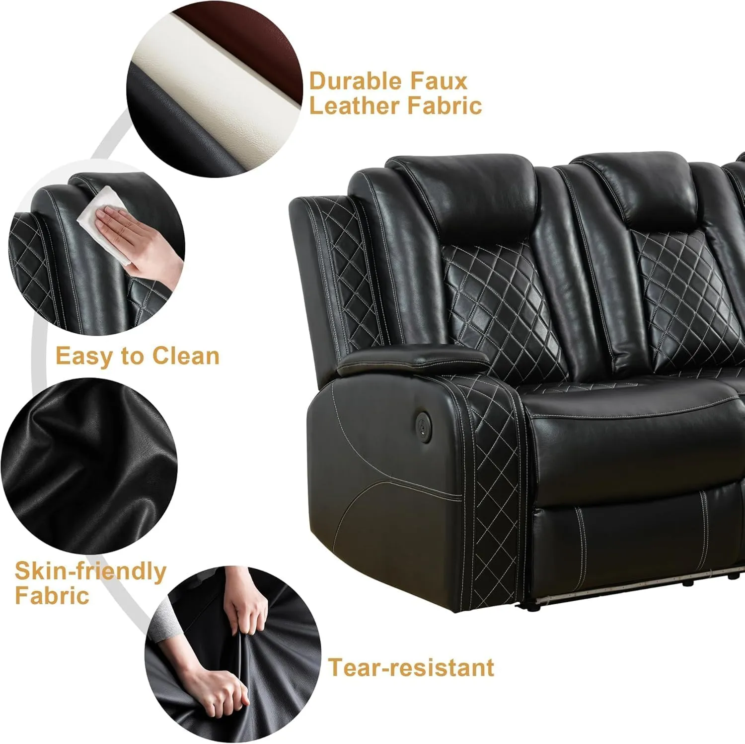 Ball & Cast Power Recliner Sofa Sectional Couch,Breathing Leather Living Room Reclining w/Wireless Chargers and LED Lighting,Home Theater 3 Seat Couches with Reversible Coffe Table & Metal Leg,Black