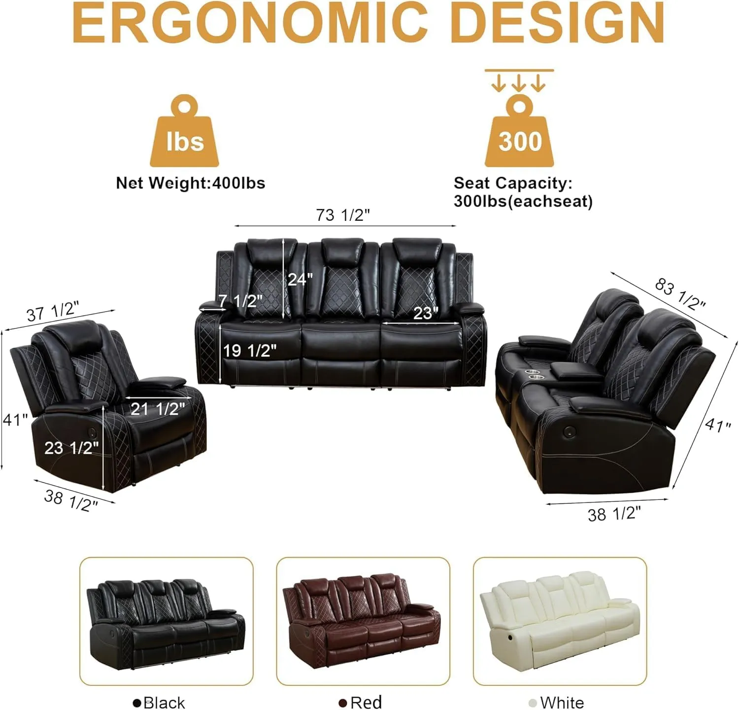 Ball & Cast Power Recliner Sofa Sectional Couch,Breathing Leather Living Room Reclining w/Wireless Chargers and LED Lighting,Home Theater 3 Seat Couches with Reversible Coffe Table & Metal Leg,Black