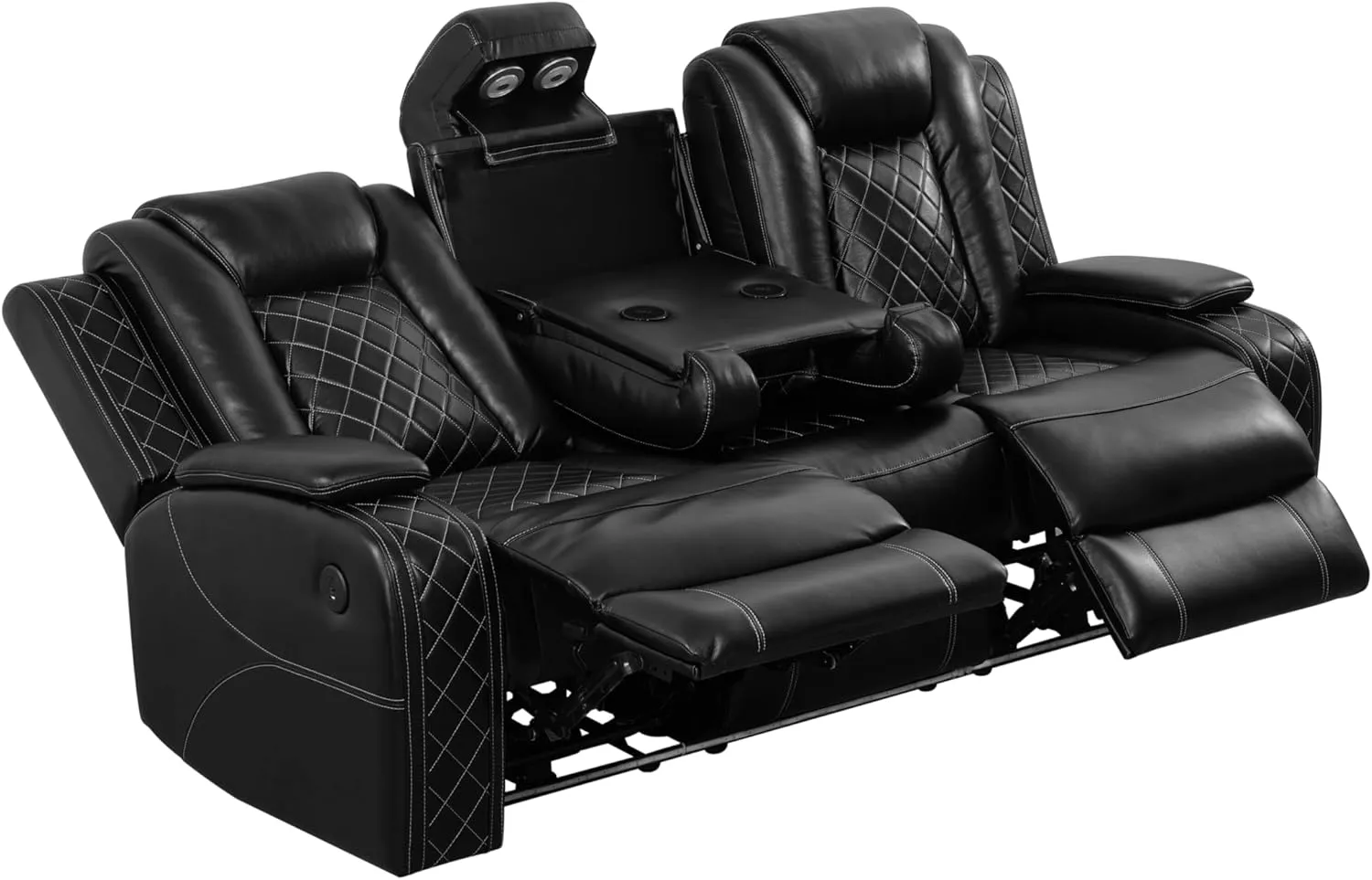 Ball & Cast Power Recliner Sofa Sectional Couch,Breathing Leather Living Room Reclining w/Wireless Chargers and LED Lighting,Home Theater 3 Seat Couches with Reversible Coffe Table & Metal Leg,Black