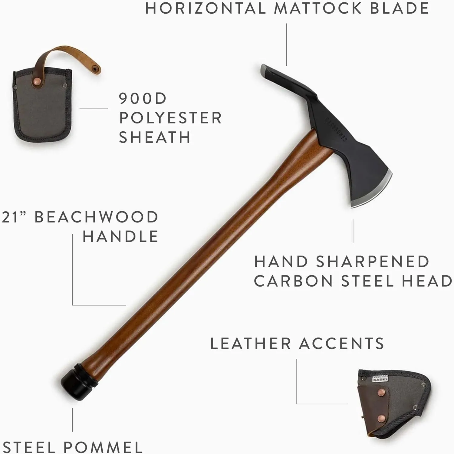 Barebones Pulaski Axe - 1055 High Carbon Steel Splitting Axe Blade - Wood Splitter with Canvas Sheath - Chopping Axe for Rooting and Trenching