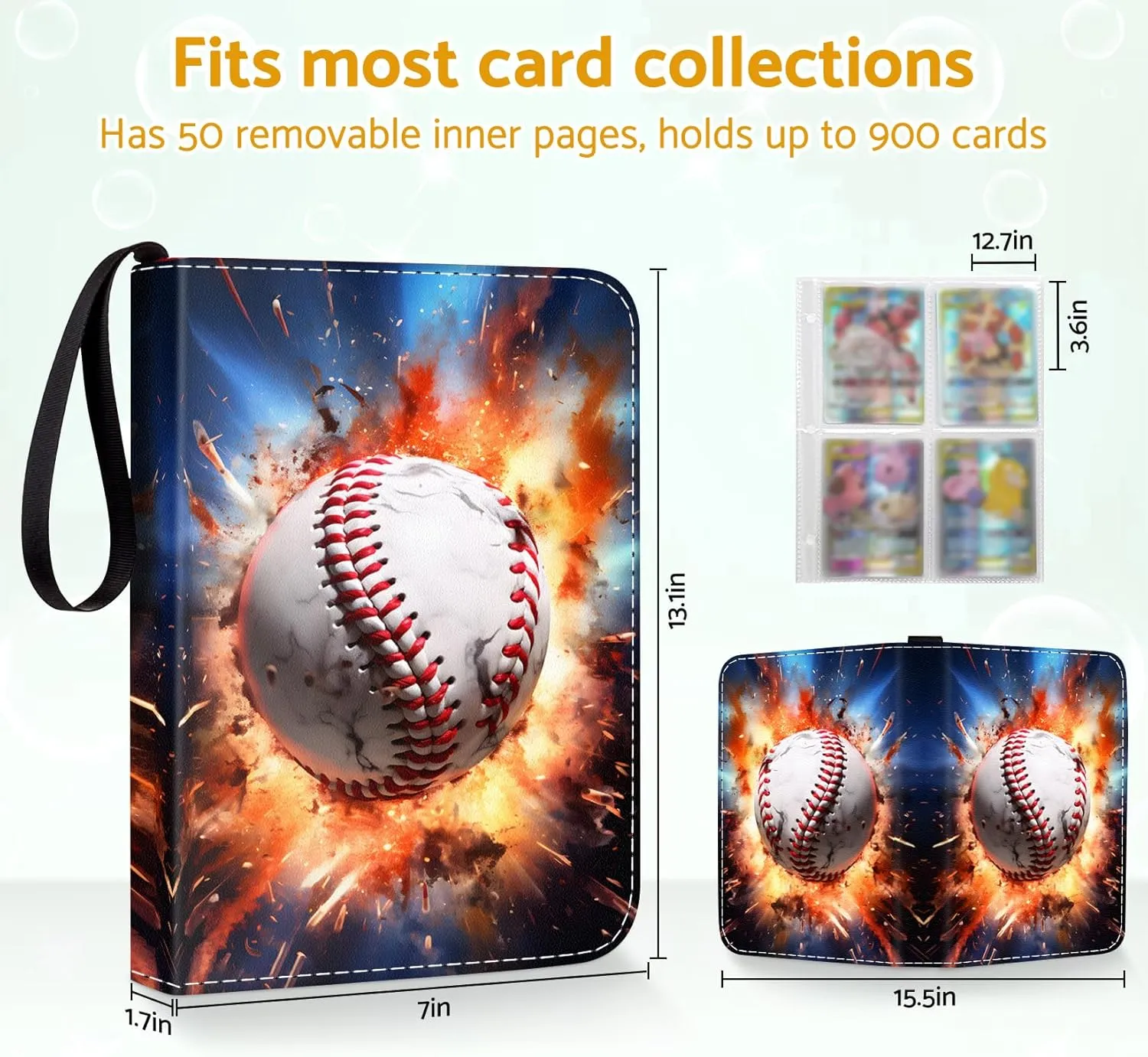 Baseball Card Binder Holder 480 Pockets with 60 Removable Sleeves, Portable Sports Trading Cards Binder Album Collector Organizer Protectors with Zipper,Waterproof