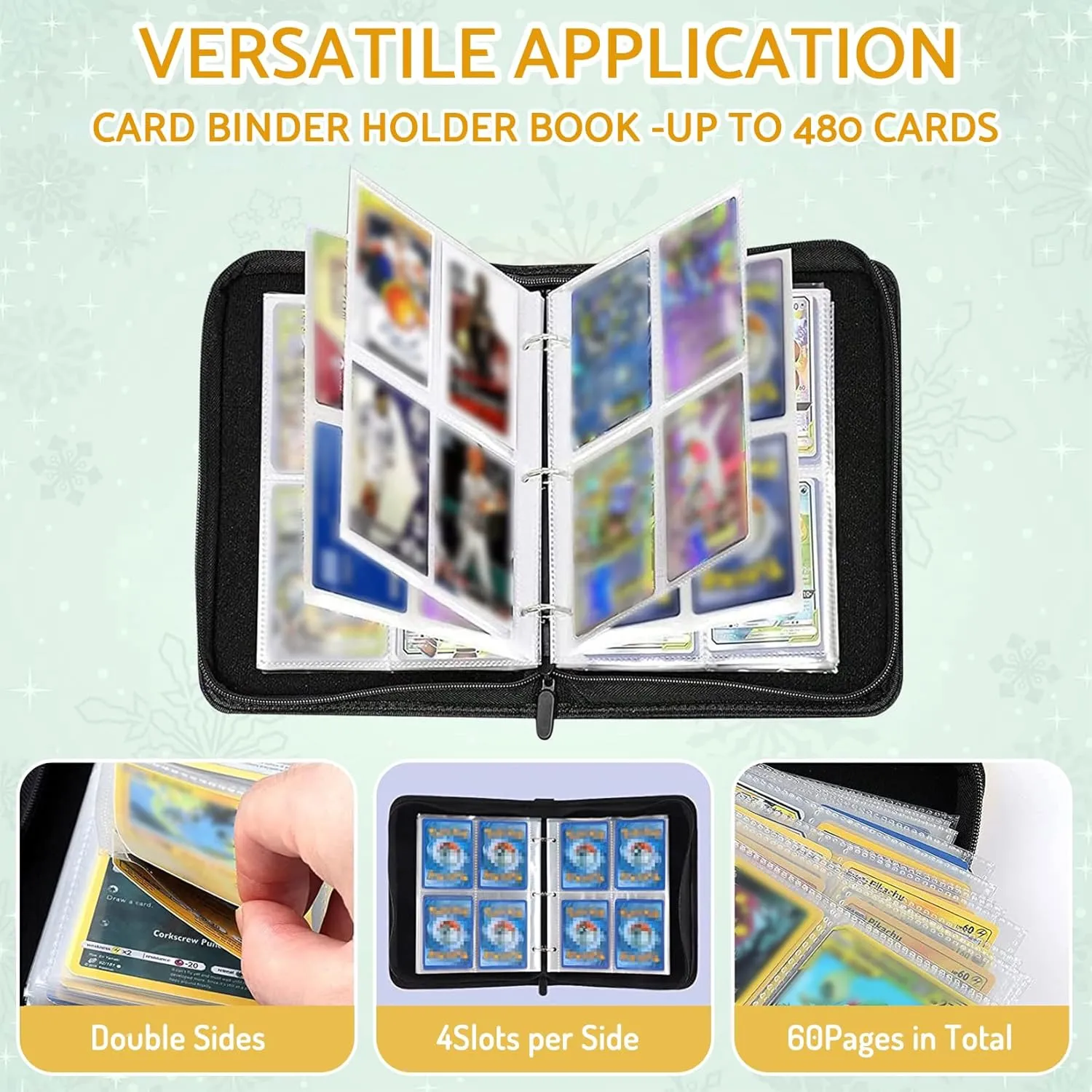 Baseball Card Binder Holder 480 Pockets with 60 Removable Sleeves, Portable Sports Trading Cards Binder Album Collector Organizer Protectors with Zipper,Waterproof