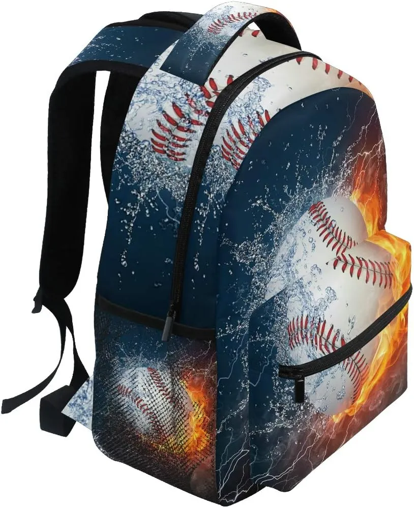 Baseball Water Fire Print Travel Backpack for School Water Resistant Bookbag