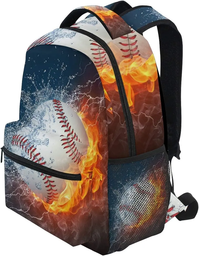 Baseball Water Fire Print Travel Backpack for School Water Resistant Bookbag