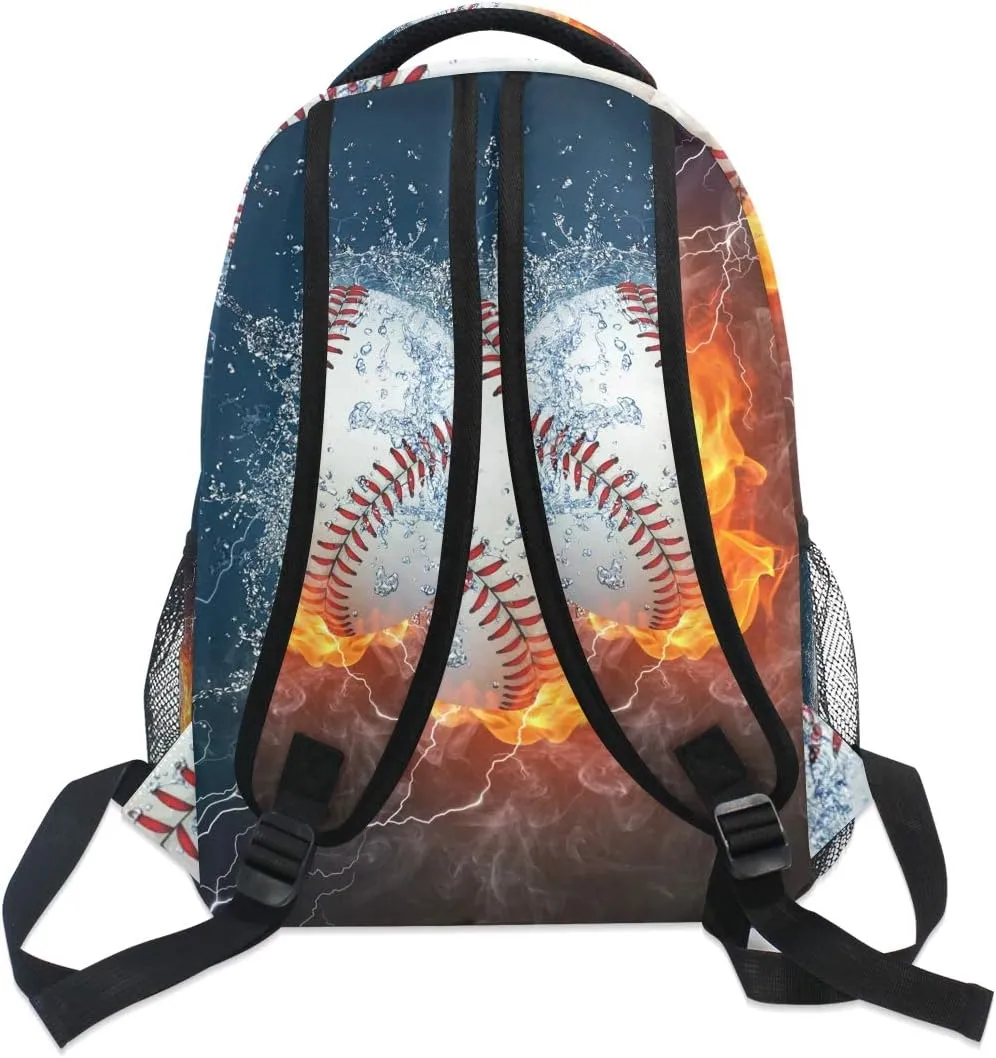 Baseball Water Fire Print Travel Backpack for School Water Resistant Bookbag