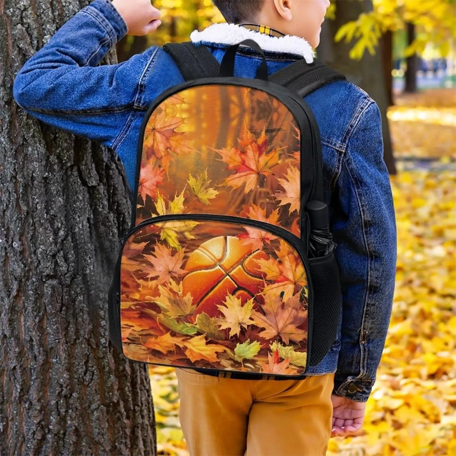 Basketball and Autumn Maple High School Backpack for Boys Custom Girls' Bookbags Personalised Bookbags Elementary Pre-school Bags 17 inch School Backpacks Casual Shoulder Bags