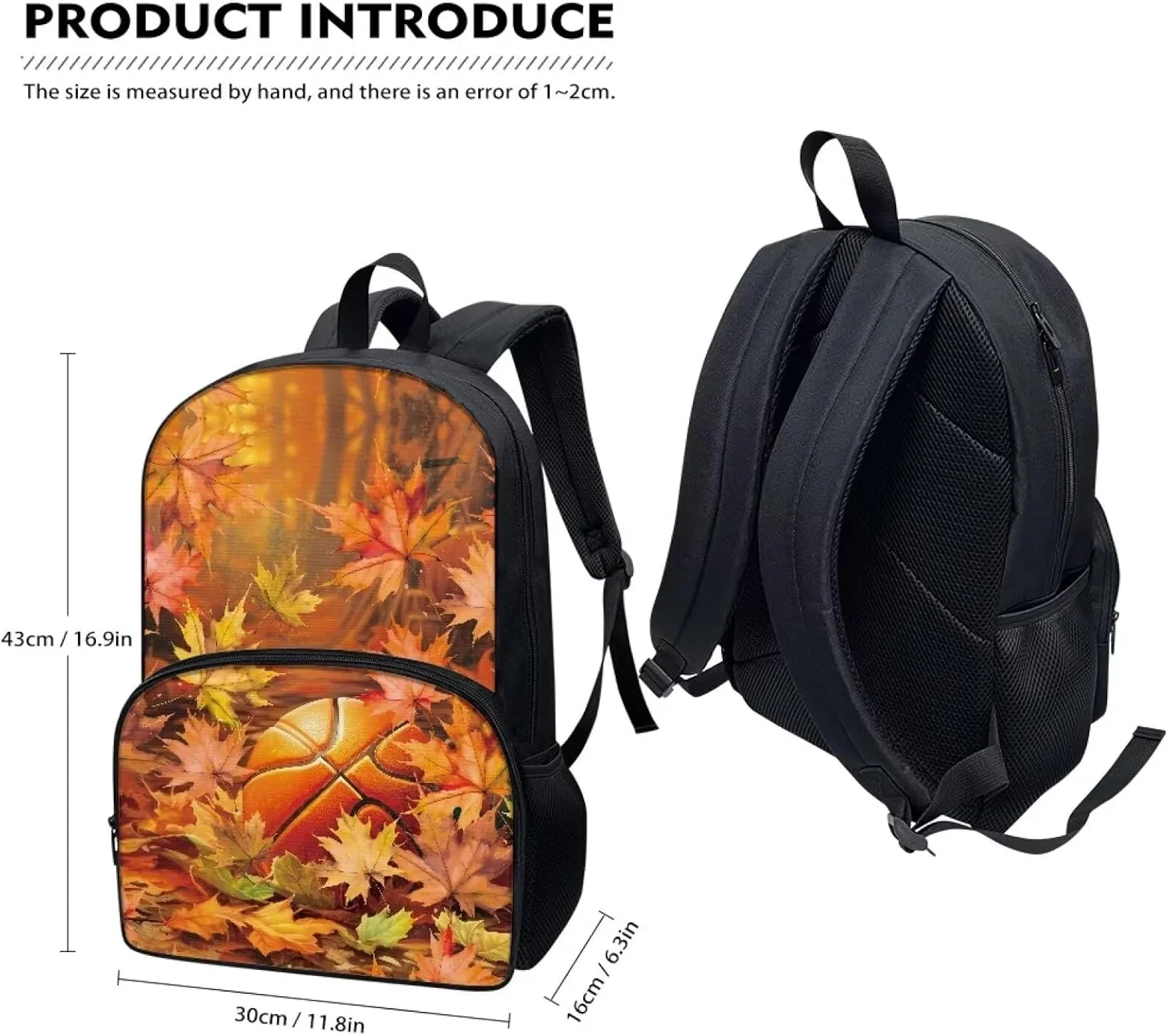 Basketball and Autumn Maple High School Backpack for Boys Custom Girls' Bookbags Personalised Bookbags Elementary Pre-school Bags 17 inch School Backpacks Casual Shoulder Bags