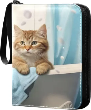 Bathtub Cat Card Binder 4 Pocket Collectible Trading Card Albums with 50 Sleeves Double Side PU Waterproof 3 Ring for Sports & Game Cards